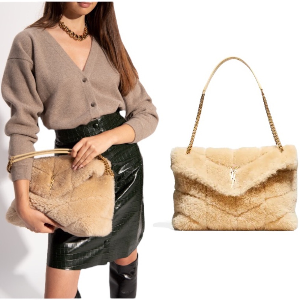 NEW! Authentic YSL SAINT LAURENT CREAM PUFFER LARGE FUR SHEARLING SHOULDER BAG - Picture 1 of 17
